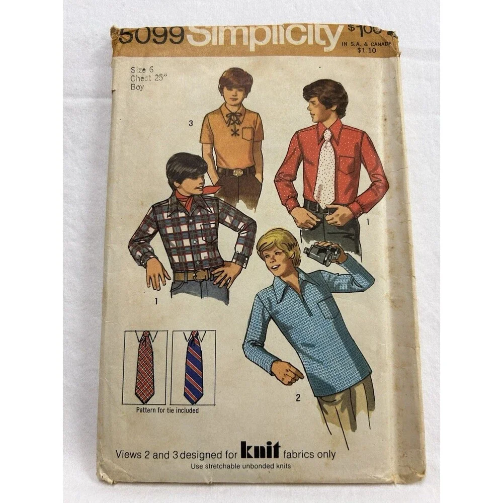 Vintage Simplicity 5099 Boys Shirt Sewing Pattern Tie Button Up Cut OOP Retro